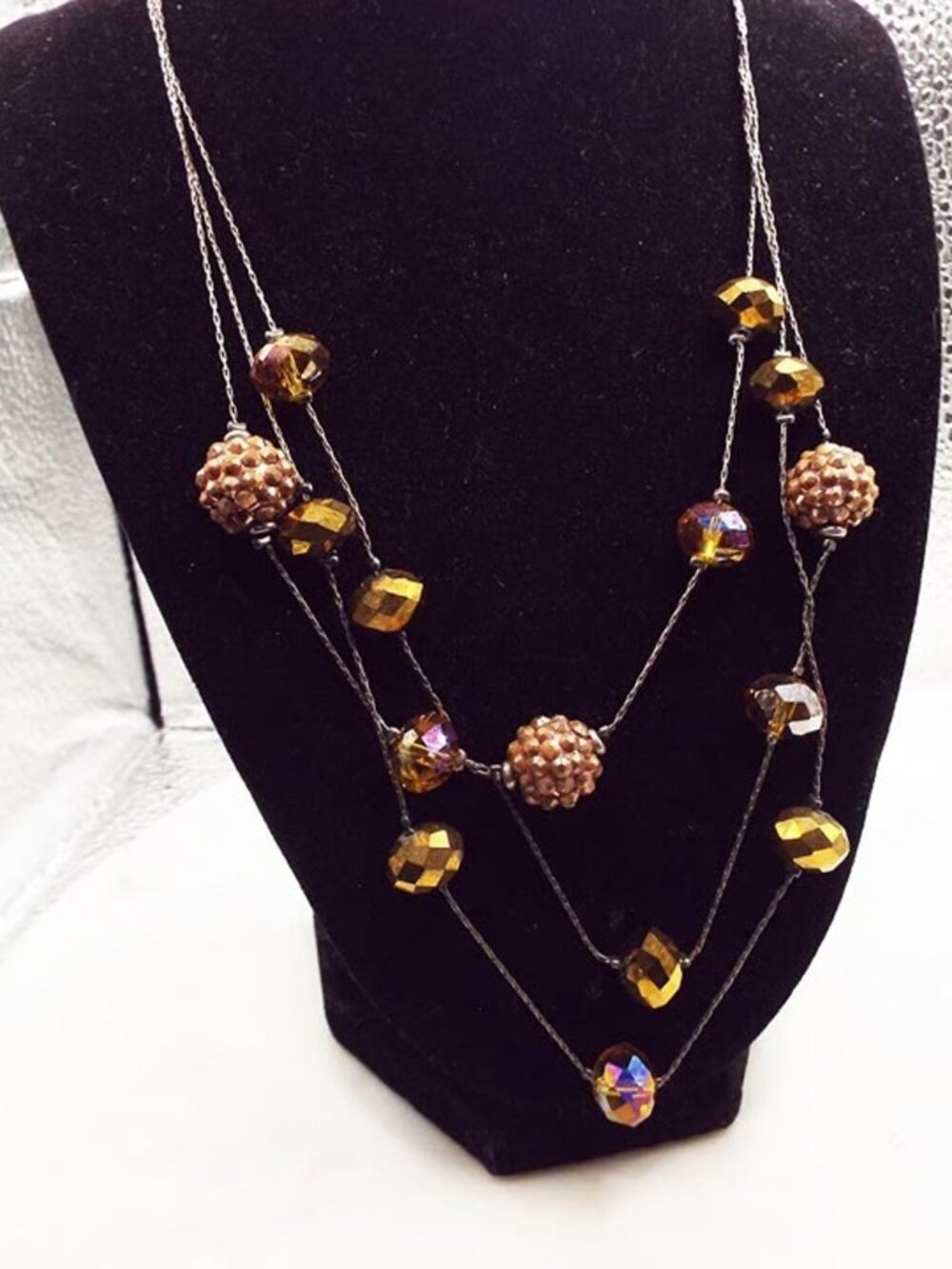 RARE* ALI KAHN NY BRONZE CRYSTALS & BEADED ORBS THREE STRAND NECKLACE 21